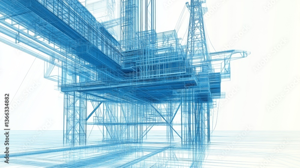 Aufkleber a detailed and intricate 3d rendering of an offshore oil rig in transparent blue wireframe style, hi