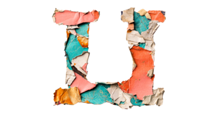 Letter U, torn paper collage. Texture, colorful layers, grunge, cut out transparent
