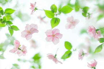 Fototapeta premium 春の淡い色合いの花々が空に舞い上がる光景