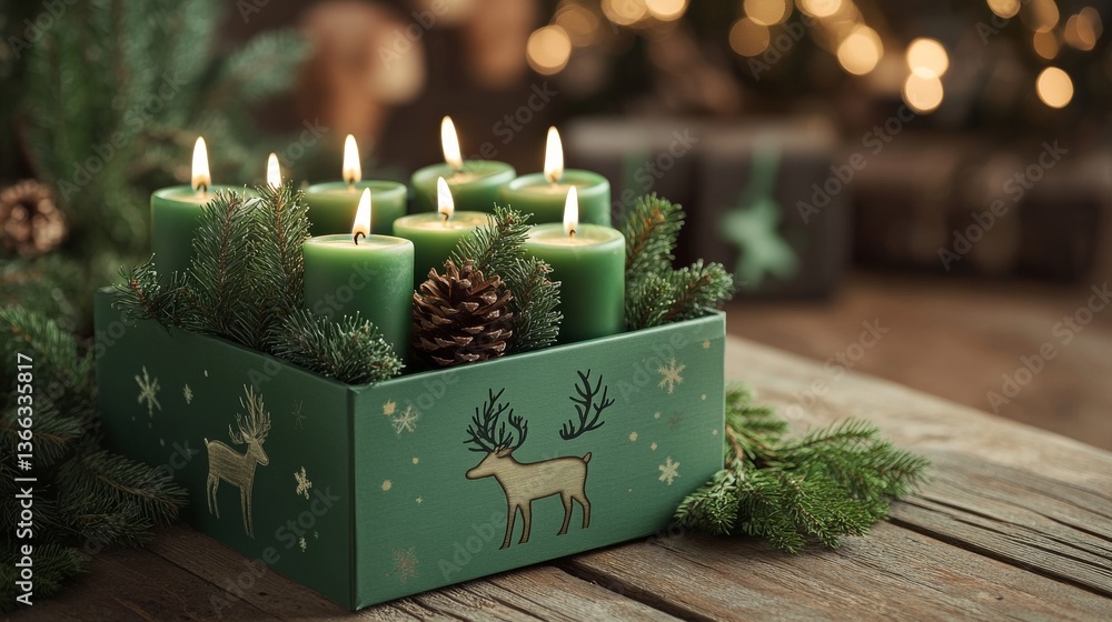 Poster green advent candles placed in a holiday-themed box adorned with reindeer illustrations and pine bra