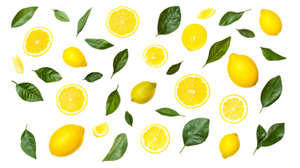 Lemons and green leaves arranged on a transparent background