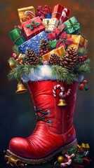A decorative red boot packed with colorful presents, candy canes, pine cones, and golden bells. A perfect symbol of festive joy and Christmas tradition.. AI Generation