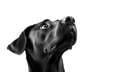 A black dog gazes upward, its expression showing curiosity