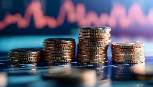 
Investment strategy and price movements. Stacked coins and graphs.