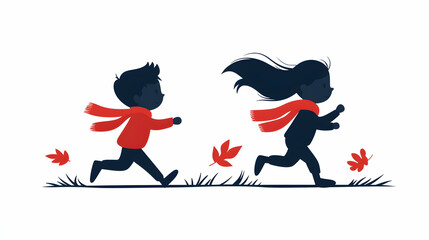 Silhouette of Two Children Running in Autumn with Red Scarves