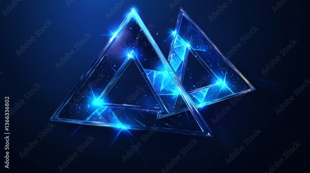 Poster vibrant blue triangles with sparkling details, arranged against a dark backdrop. captures a modern, 