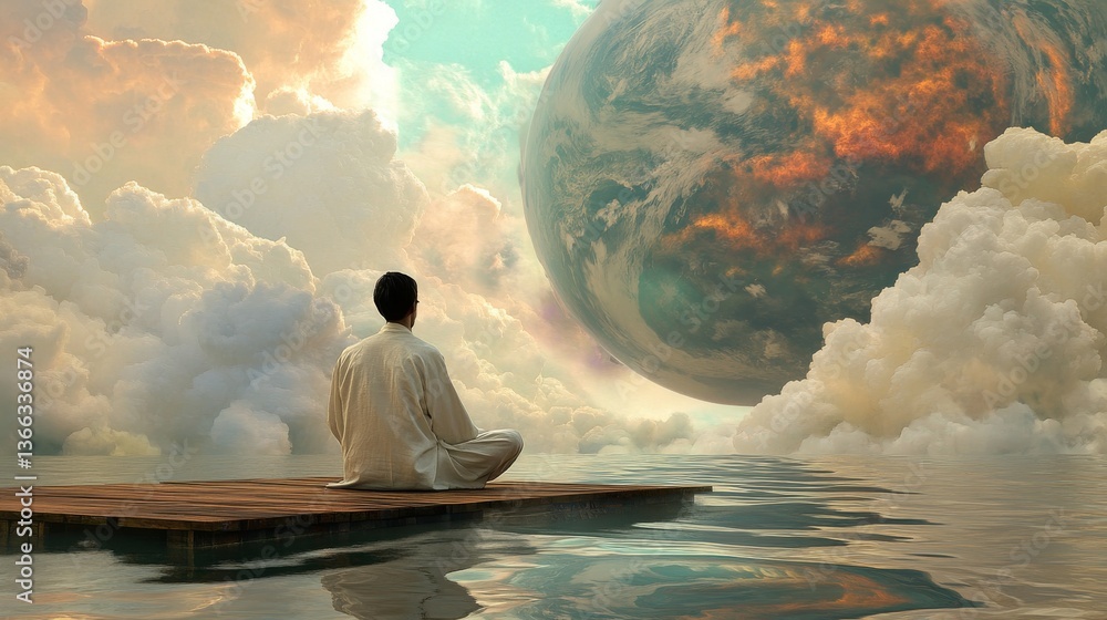 Poster a man in white sits on a wooden platform surrounded by serene water, gazing at a massive, surreal pl