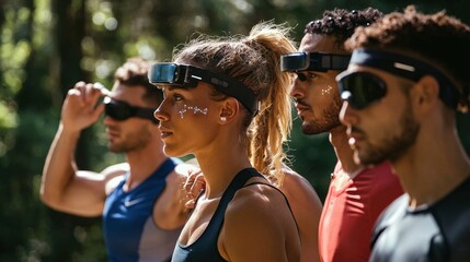 Futuristic athletes in forest with vr headsets, sunlight filtering through trees