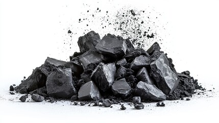 Naklejka premium Detailed black chalk pieces and dust scattering in an explosive burst, on a white background