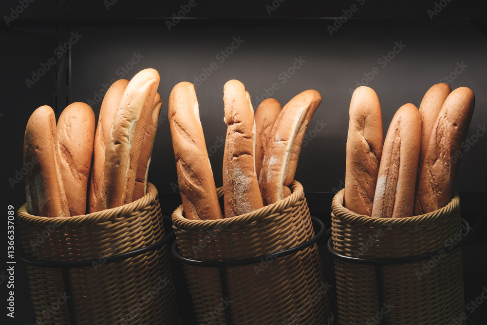 Poster baskets of bread are displayed in a store. the bread is brown and he is freshly baked. the baskets a