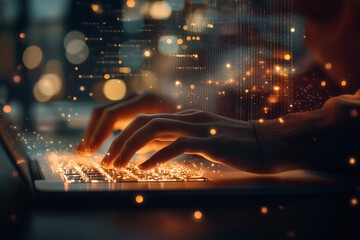 Hands Typing on Laptop with Digital Code and Glowing Particles in a Futuristic Setting