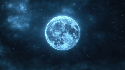 Bright Blue Full Moon Illuminating A Starry Night Sky Surrounded By Wispy Clouds