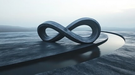 Abstract infinity symbol, serene landscape, stone art, conceptual piece, digital rendering