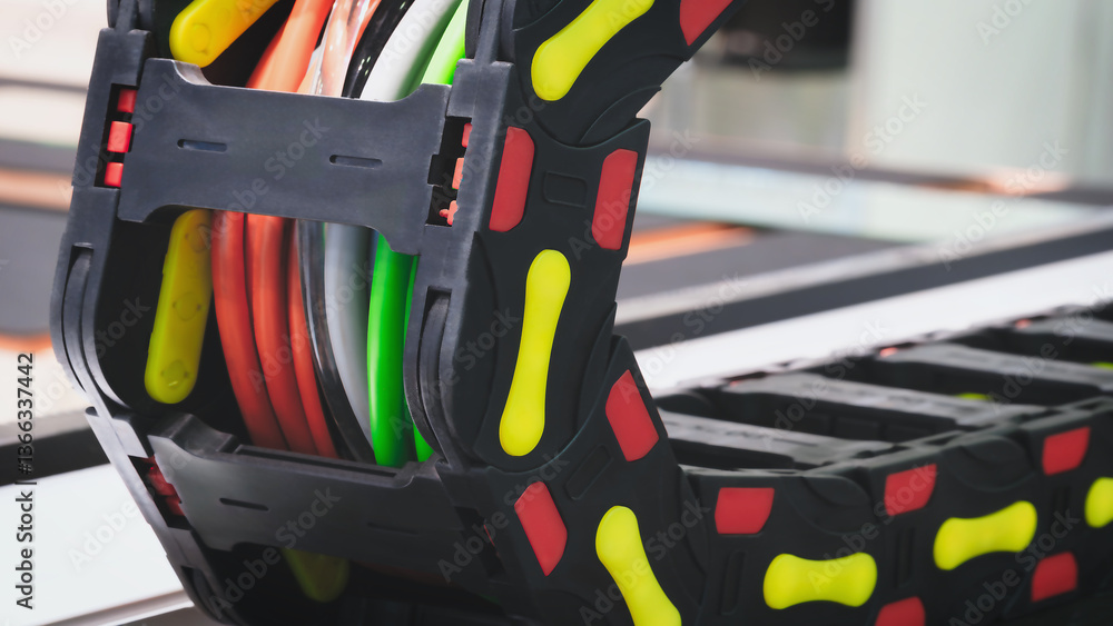 Poster a cable management system with a black and yellow design. the cables are colorful and the system is 