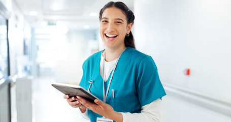 Portrait, happy woman or nurse on tablet in hallway for schedule, wellness research or healthcare...