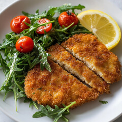 grilled chicken breast with salad, tomatoes and lemon