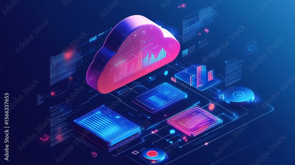 Poster 3d cloud servers on a digital circuit board: futuristic data technology
