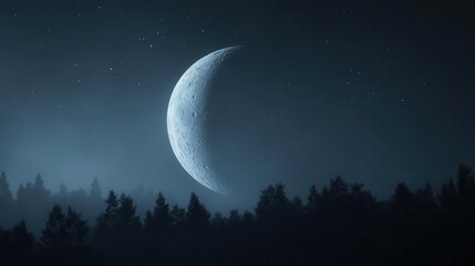 Crescent Moon Illuminating A Dark Forest Under A Starry Night Sky