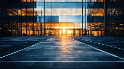 Modern office building plaza at sunset. Empty courtyard with glass facade. Suitable for business or architectural stock photos