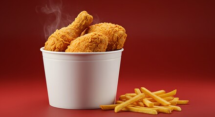 Fried chicken in a pure red bucket with French fries, isolated on a Red background
