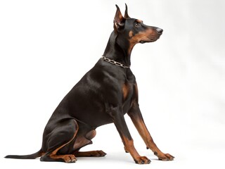 Fototapeta premium Majestic Doberman Pinscher dog breed sitting in a proud pose, showcasing the dog's elegant posture and strong physique on a white background
