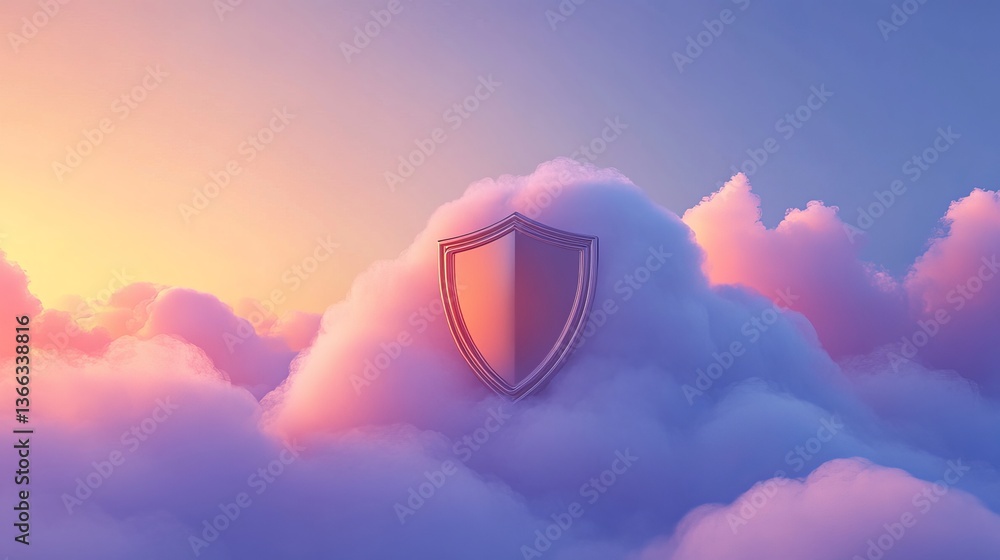 Poster 3d cloud with shield symbolizing data security & cyber protection