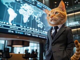 Ginger cat businessman standing in modern office with world map display. Generative ai illustrations