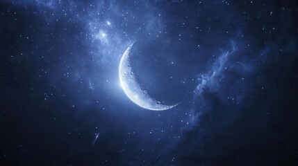 Enchanting Crescent Moon Illuminating Starry Night Sky Over a Serene Landscape