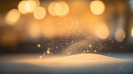 Golden bokeh and floating particles creating a dreamy, serene atmosphere