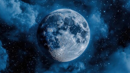 Obraz premium Dramatic Night Sky Featuring a Full Moon Surrounded by Whispering Clouds and Distant Stars