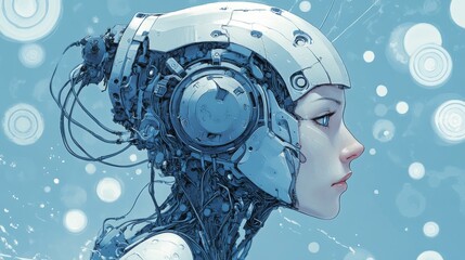 Close-up profile of a humanoid robot, showcasing exposed intricate mechanical components and a sleek design. Dominant blue tones create a serene and advanced technological mood.. AI Generation