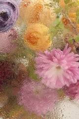 Soft focus flower bouquet through glass with water drops. Abstract natural yellow, pink background.