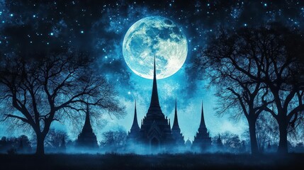 Ethereal Night Landscape Featuring a Blue Moon Illuminating a Misty Temple Surrounded by Silhouetted Trees