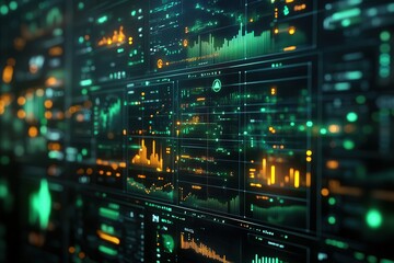 A futuristic digital interface displaying vibrant financial data visualizations, with graphs and charts glowing in green and orange hues.