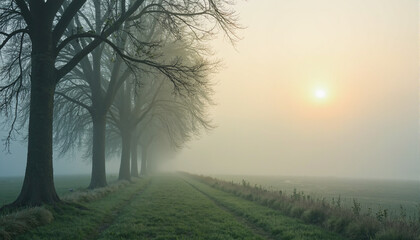 Obraz premium Misty sunrise over a tranquil tree-lined path 