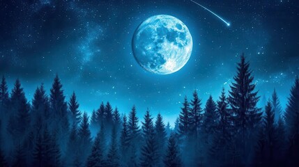 Fototapeta premium Enchanting Night Sky with Full Moon and Shooting Star Over Lush Forest Underneath Stars