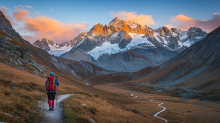 Hiker on mountain trail at sunset with snow-capped peaks and scenic landscape