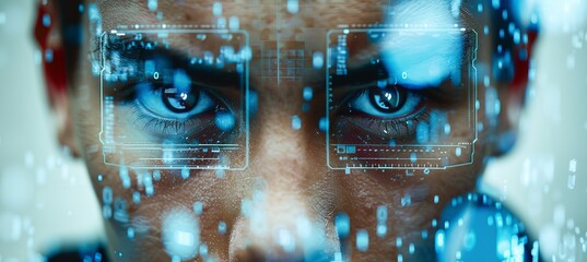 Futuristic ai facial recognition interface with biometric scanning and digital analysis overlay