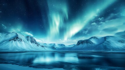 Naklejka premium a breathtaking display of the aurora borealis over a snowy mountain range, reflecting in a tranquil lake, creating a magical and awe-inspiring scene.