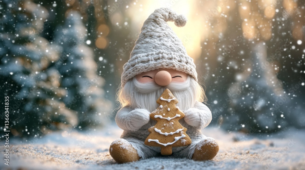 Poster a cozy christmas gnome in a snowy forest setting holds a tree-shaped cookie, surrounded by gentle sn