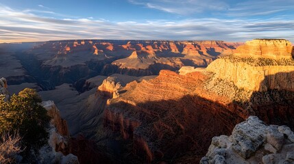 Fototapeta premium a breathtaking landscape photo of the Grand Canyon, showcasing the vastness and the stunning colors of the rock formations, with sunlight casting long shadows