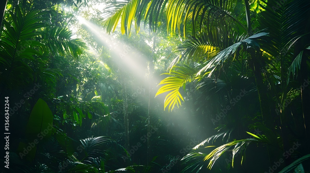 Poster sunlight streams through lush foliage in a dense forest, creating a captivating scene of light and s