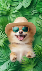 Close-up portrait of a Pomeranian wearing a safari hat and sunglasses, against a backdrop of lush green tropical foliage.