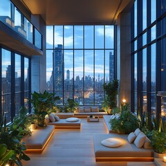 Luxurious modern penthouse interior with cityscape view and elegant decor