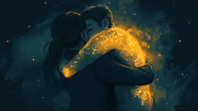 An artistic interpretation of two people embracing, with glowing golden light emanating from one figure against a dark background, creating a dreamlike atmosphere.. AI Generation