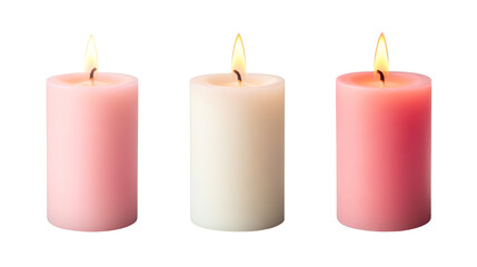 Pink, white, red candles with flames, cut out transparent