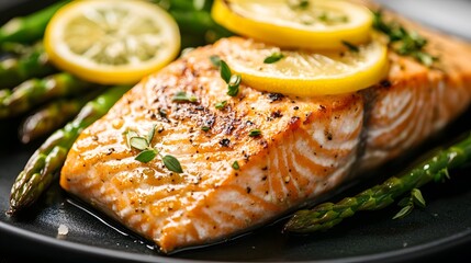 deliciously grilled salmon with lemon slices and asparagus, a culinary delight