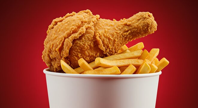fried chicken in a pure red bucket with French fries, isolated on a Red background