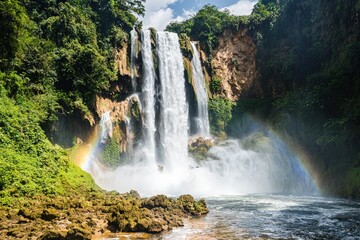 Fototapeta premium Majestic waterfall with rainbow in lush green cliffside landscape