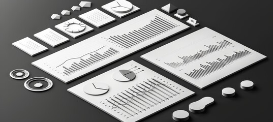 Sleek 3d data visualization  professional bar, pie, and circular charts on black background